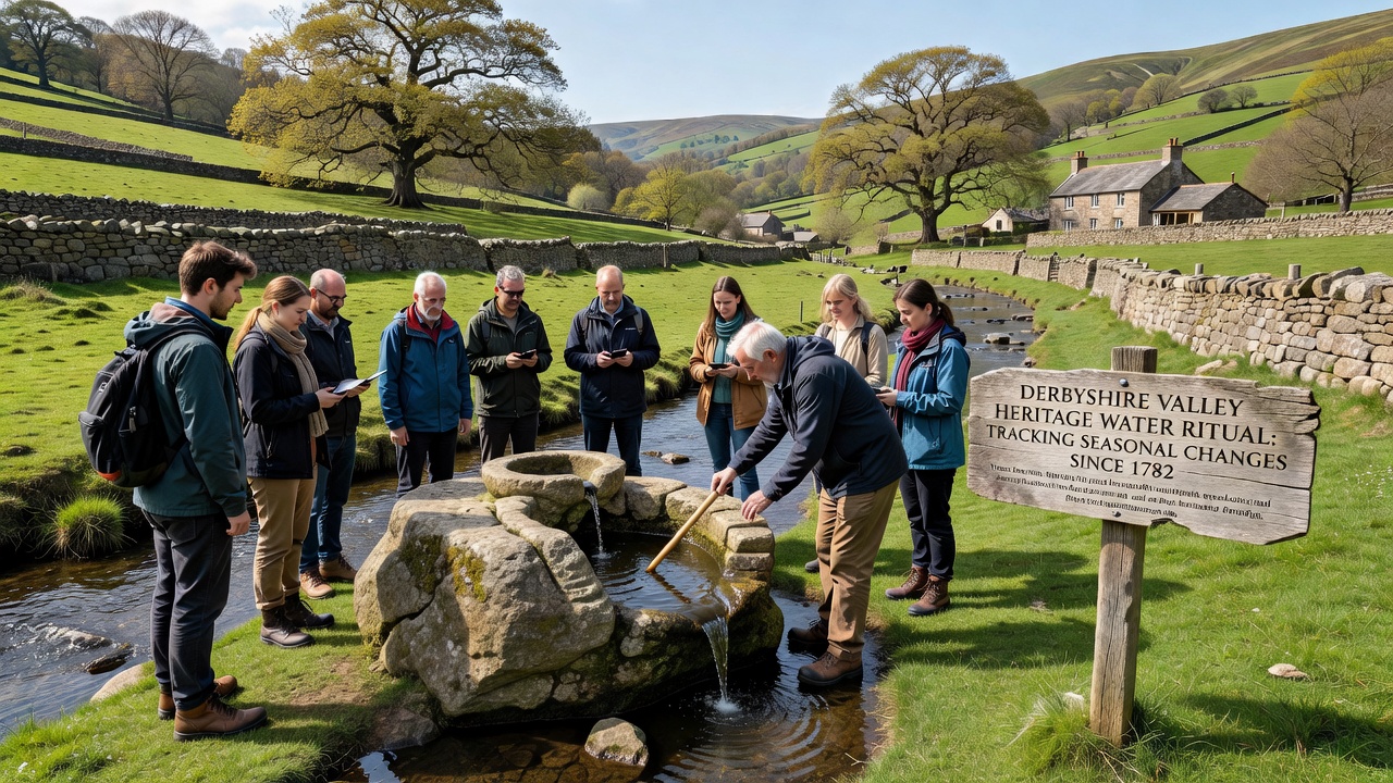 Traditional floats and clay vessels used in Derbyshire river rituals placed along a calm riverbank during seasonal observation
