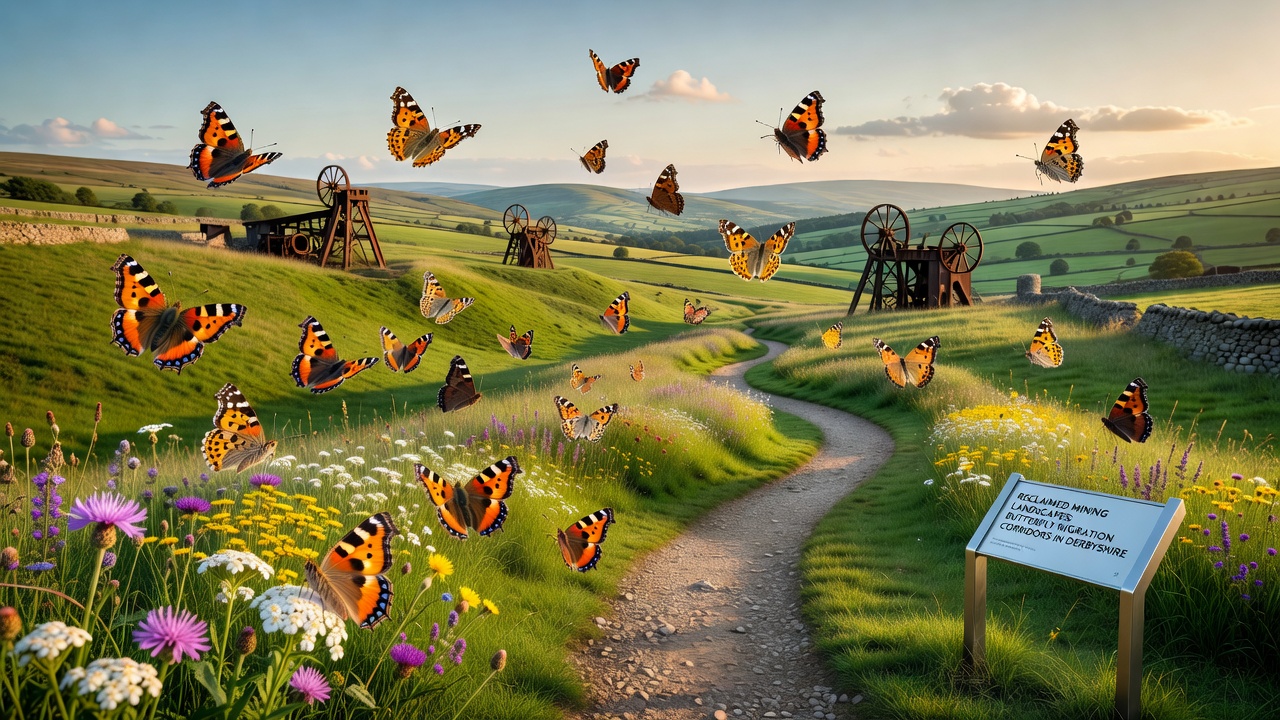 Close-up of butterflies on reclaimed land with former mining structures visible in background